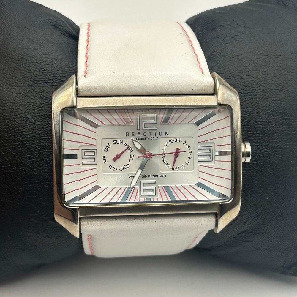 Kenneth Cole Reaction Rectangular Silver Quartz Watch with White Leather Band